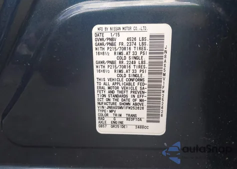 2015 Nissan Rogue Select S from USA, damaged, VIN JN8AS5MV1FW252626